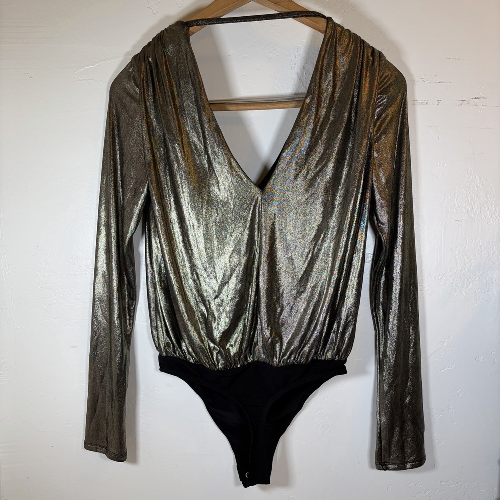 Express Top Womens XSmall Gold Metallic Longsleeve Bodysuit Drapey Festive Bold‎ - Picture 4 of 7